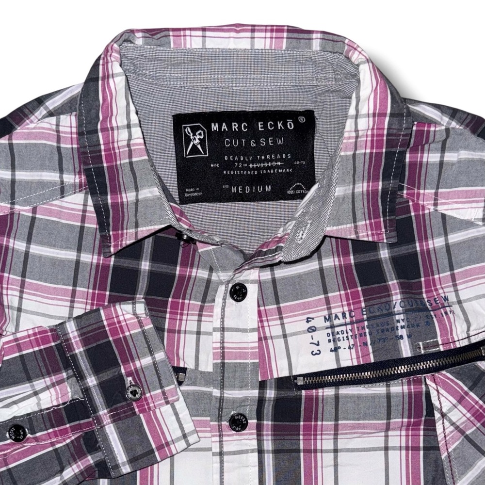Marc Ecko Cut & Sew Mens Medium Plaid Button Down Shirt Magenta Black Zipper